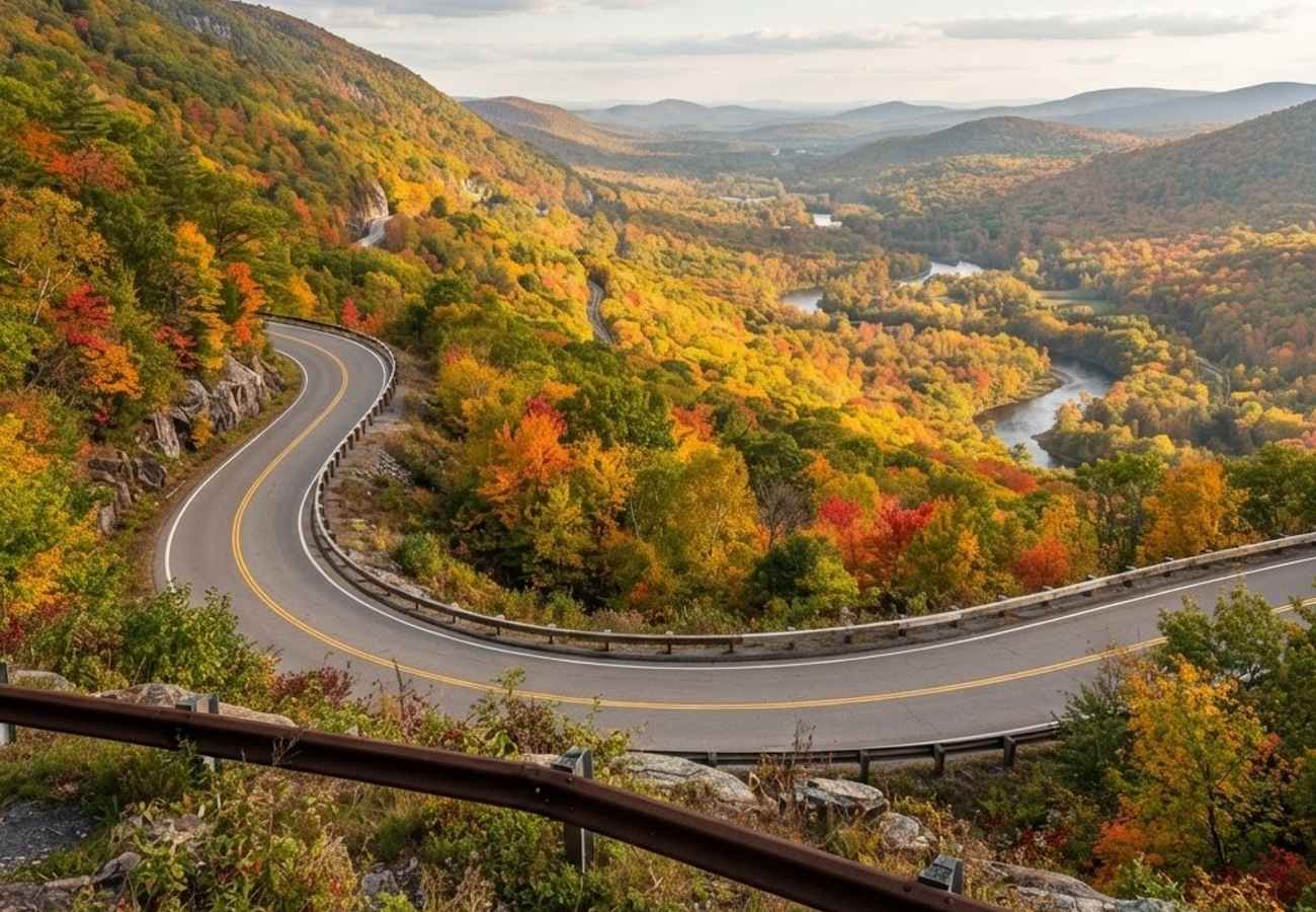 Dramatic road curve overlooking the Deerfield River valley and rolling Berkshire hills in peak autumn color