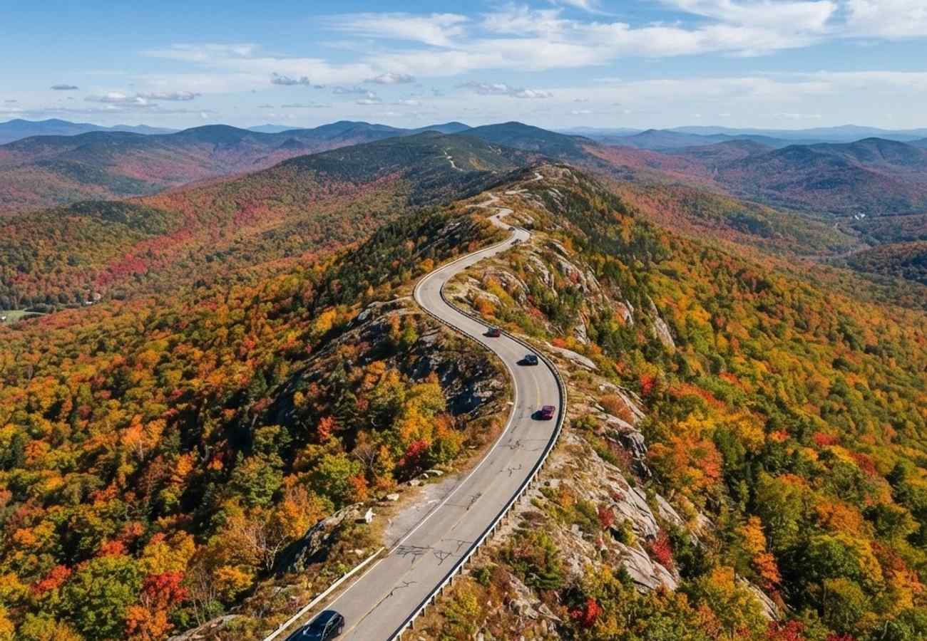 Paved mountain toll road curving along a steep ridge with panoramic autumn foliage views across the Green Mountains