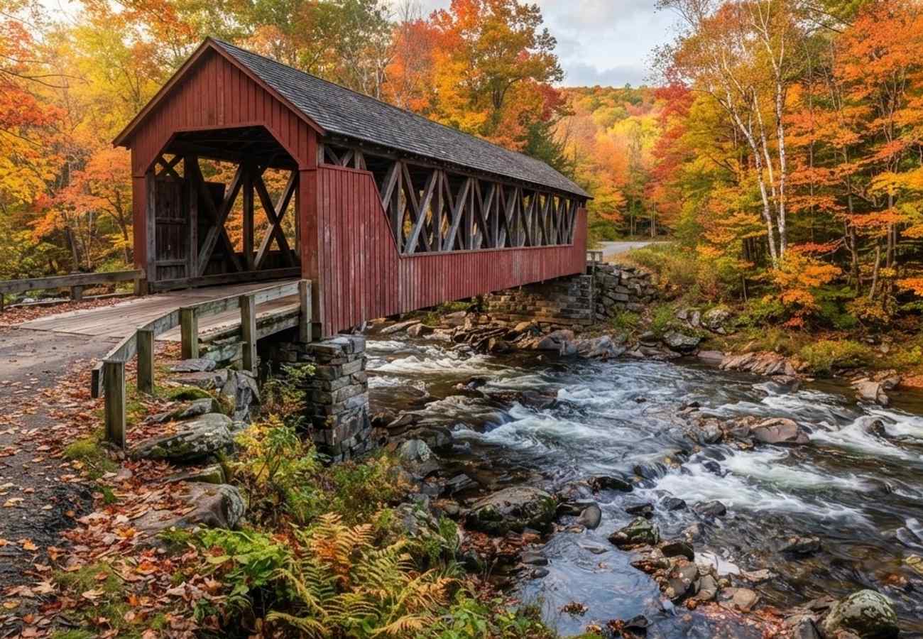 Classic red wooden covered bridge over a rushing river framed by brilliant autumn leaves in Litchfield County, Connecticut