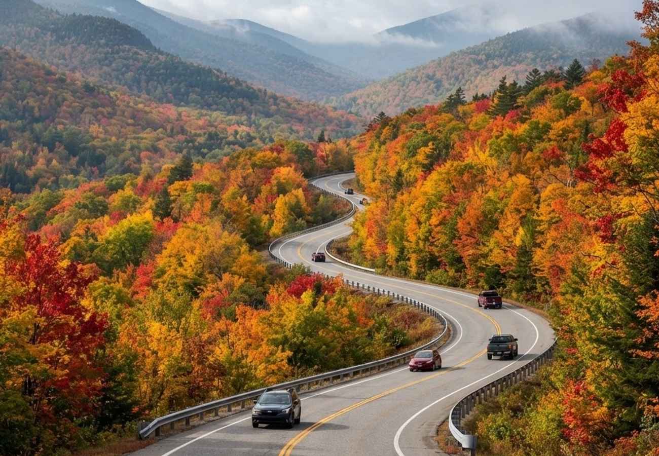 Vibrant red and golden maple trees lining a winding scenic highway during autumn in New England