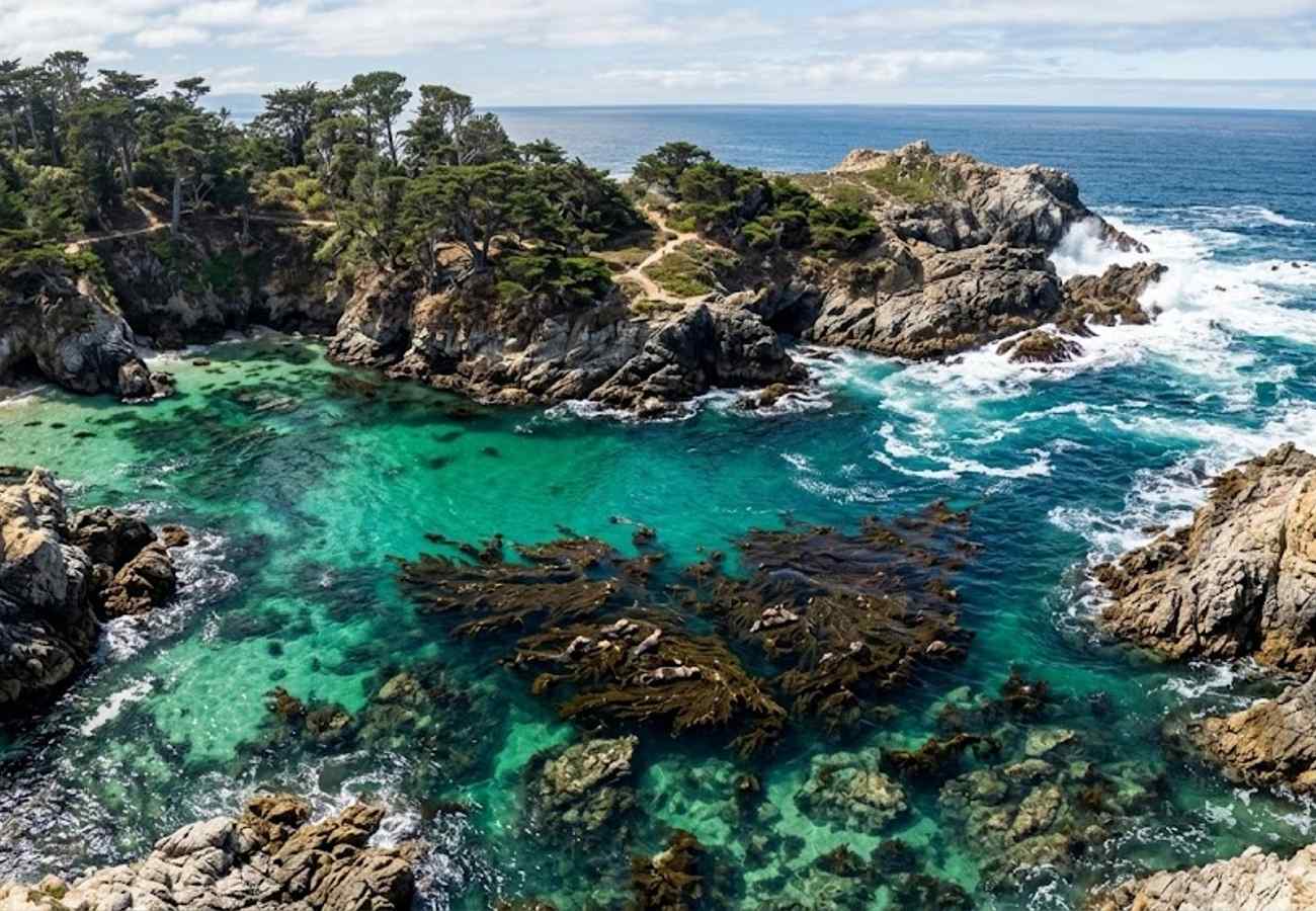 Spectacular turquoise ocean cove surrounded by weathered granite cliffs and windswept Monterey cypress trees at Point Lobos