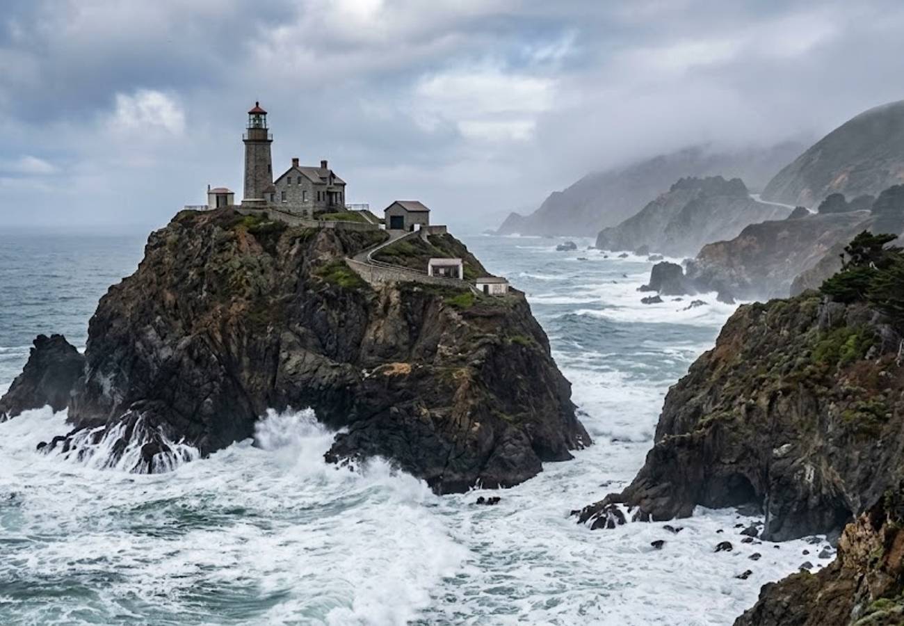 Historic stone lighthouse perched atop a dramatic 361-foot volcanic offshore rock island along the misty Big Sur coast