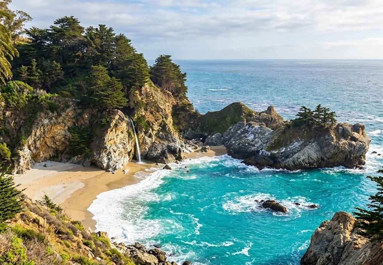 Picturesque 80-foot waterfall cascading directly onto a pristine golden sand cove into turquoise waters at McWay Falls Big Sur