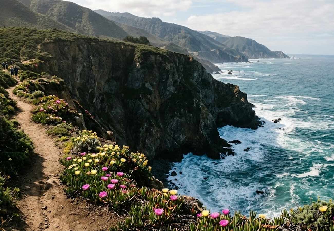 Towering rugged coastal cliffs plunging sheer 300 feet into the ocean with panoramic sea views at Ragged Point southern Big Sur