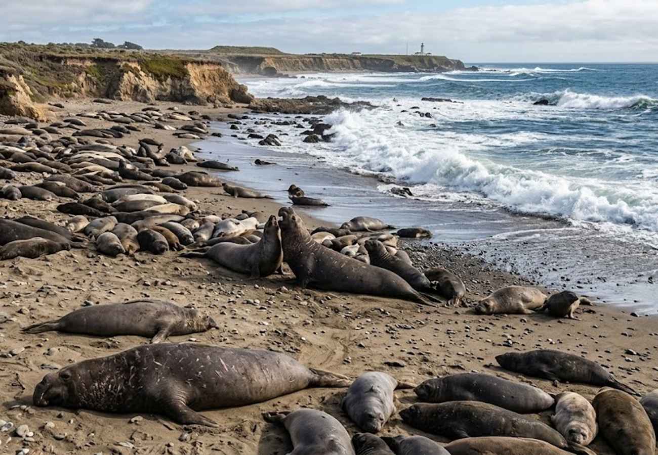 Wild northern elephant seals basking and molting on a wide sandy beach beside crashing ocean waves in San Simeon California
