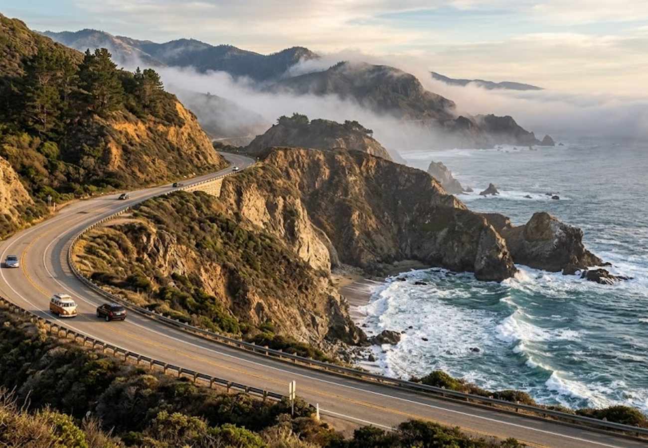 Dramatic aerial view of California Highway 1 Pacific Coast Highway curving along towering coastal cliffs above crashing Pacific ocean surf in Big Sur