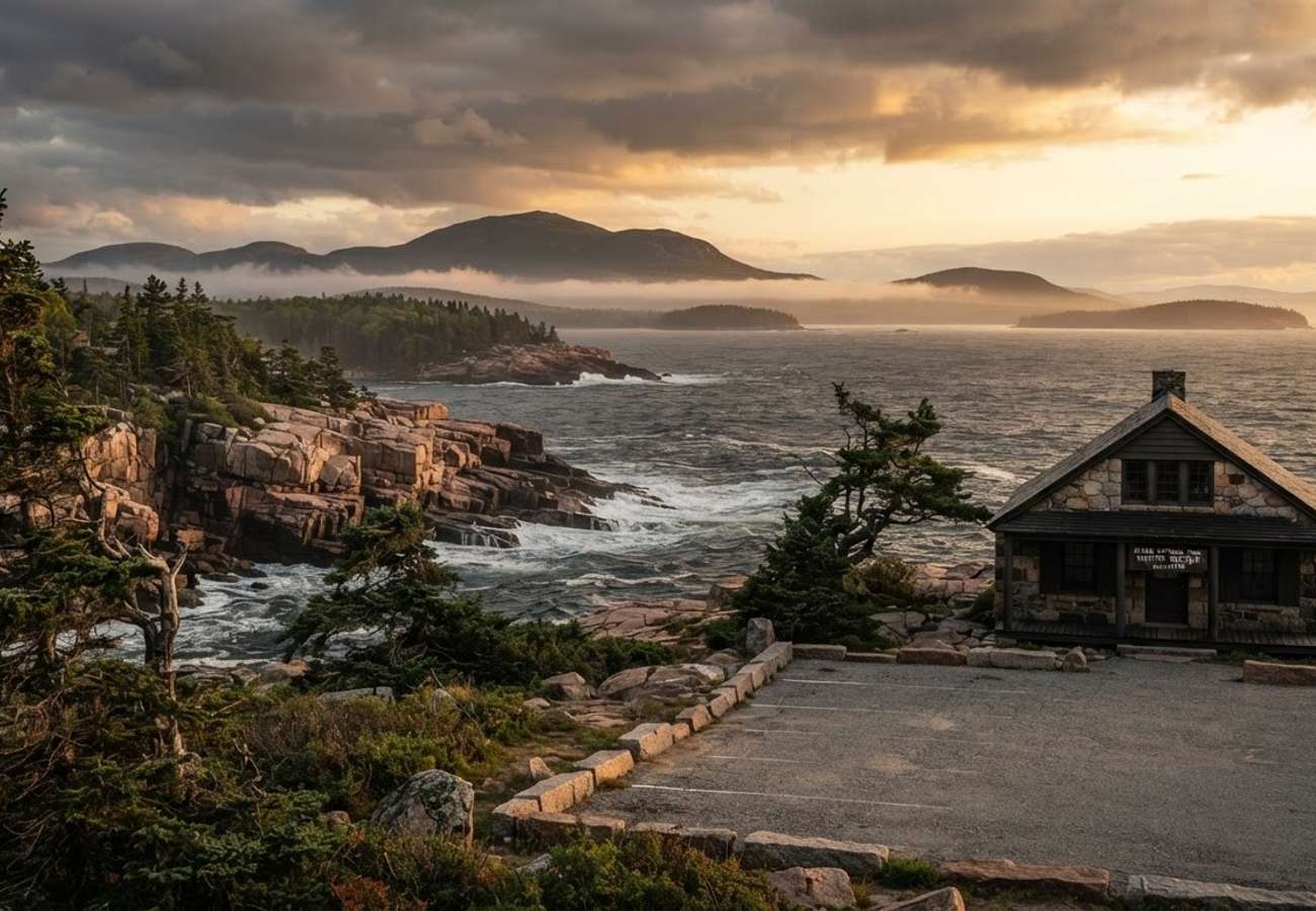 Aerial view of Cadillac Mountain and the coastline of Acadia National Park
