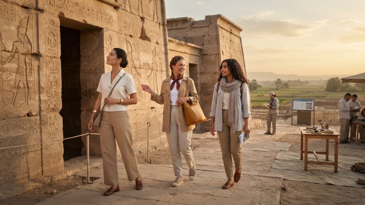 Ancient temple ruins along the Nile River in Egypt with historical monuments