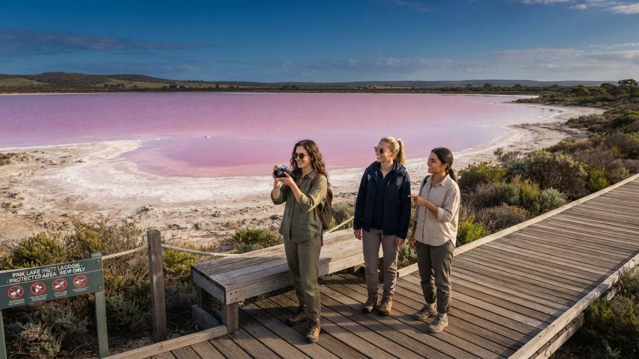 Aerial view of a vibrant pink lake adjacent to white salt crust and deep blue ocean in Australia