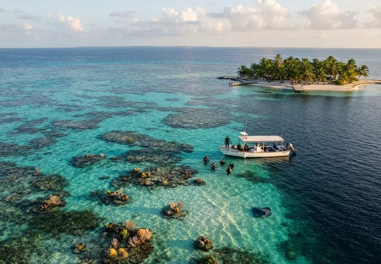 Aerial view of the Belize Barrier Reef and surrounding cayes