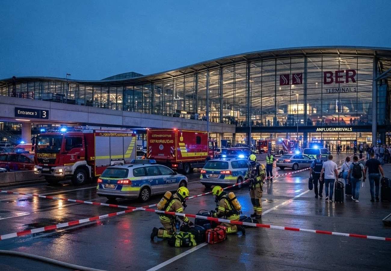 Berlin Brandenburg Airport Terminal 1 exterior with emergency services