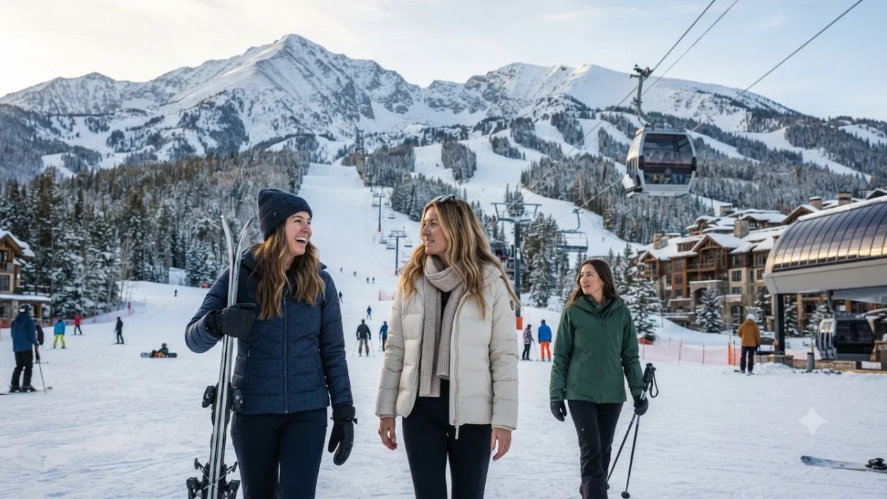 Snow-covered alpine peaks and luxury winter ski resorts in North America