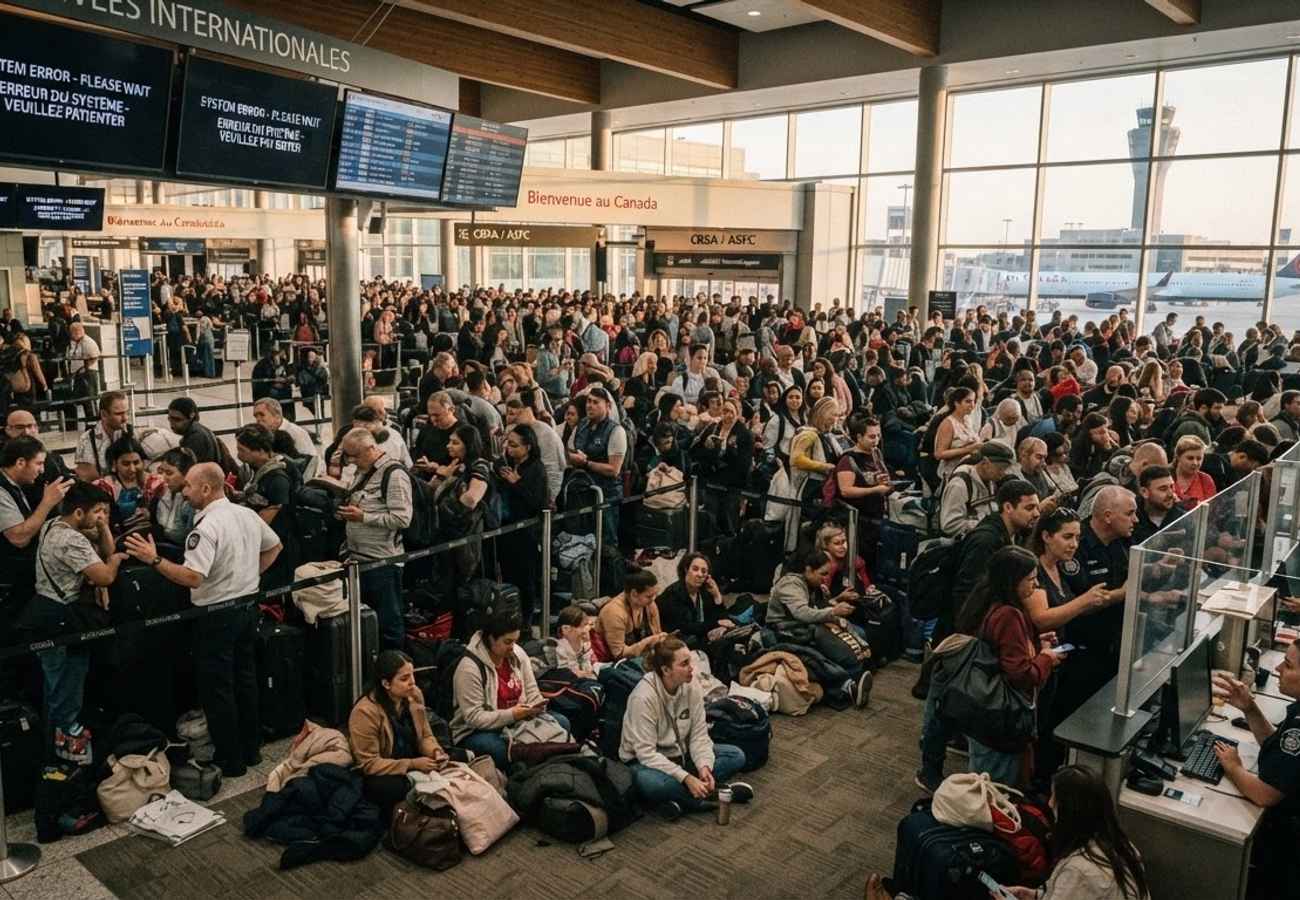 Crowded arrivals terminal at a Canadian international airport during a system outage