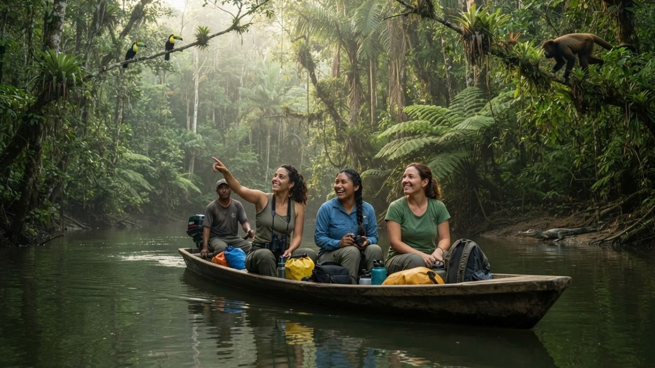 Serene tropical river canal winding through dense Caribbean rainforest in Barra del Colorado Wildlife Refuge Costa Rica