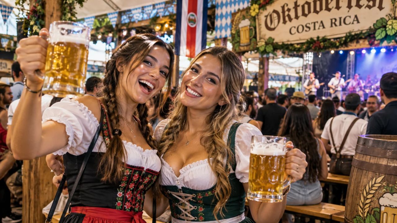 Oktoberfest celebration with craft beer steins and festival stages in Heredia Costa Rica
