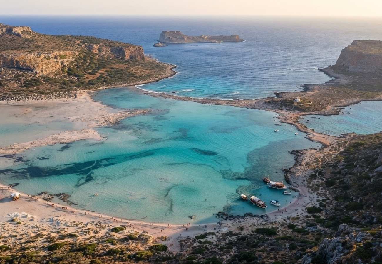 Aerial view of Balos Lagoon in Crete showing turquoise waters and white sand