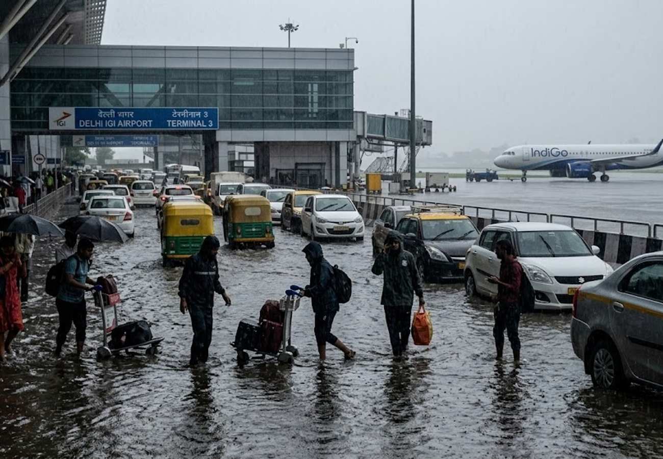 Waterlogged roads leading to Indira Gandhi International Airport during Delhi monsoon