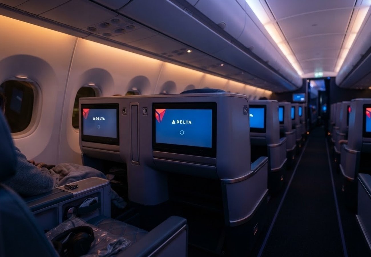 Delta Air Lines aircraft interior showing seatback entertainment screens