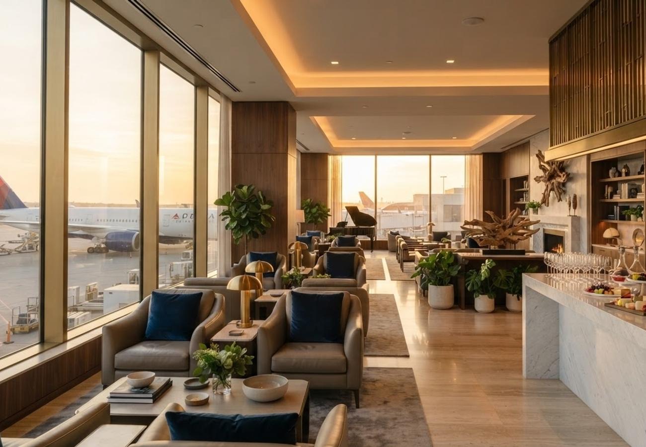 Interior view of a Delta One Lounge featuring high-end dining and modern architecture