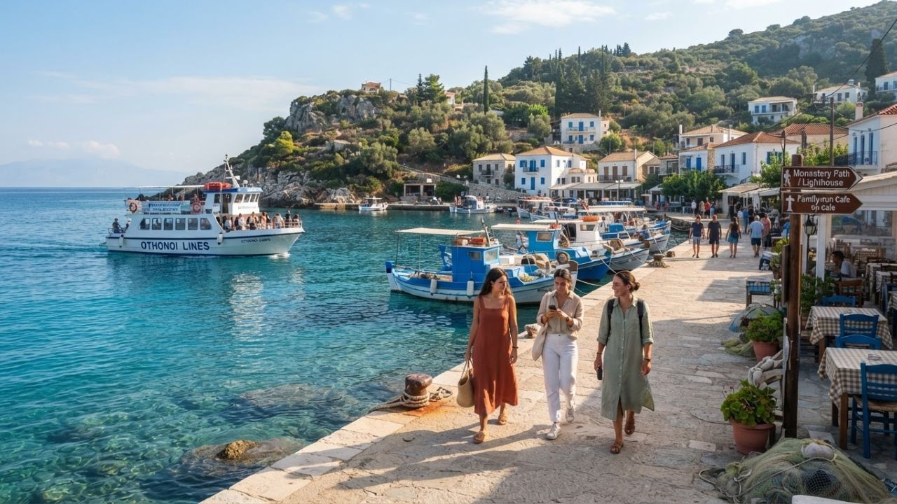 Crystal clear turquoise waters and small fishing boat in a tranquil harbor of the Diapontia Islands Greece