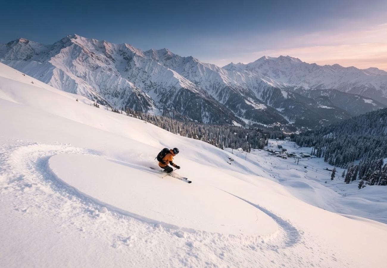 Dramatic panoramic view of snow-covered Mount Apharwat and the Gulmarg Gondola surrounded by pine forests in Kashmir