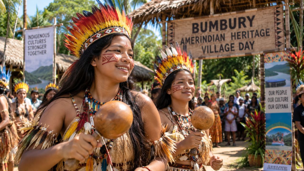 Indigenous community cultural performers in traditional woven regalia celebrating in Guyana's hinterland