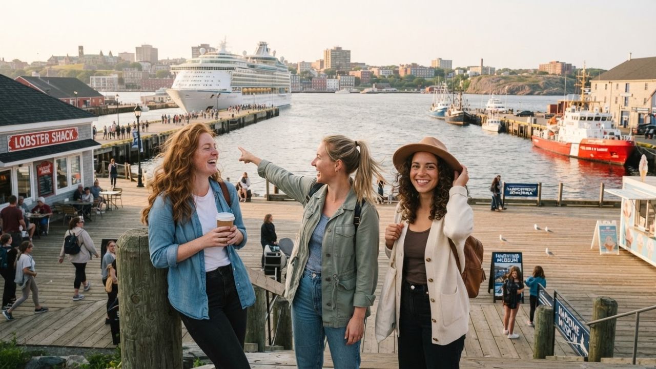Historic waterfront boardwalk and harbor skyline of Halifax Nova Scotia under clear skies