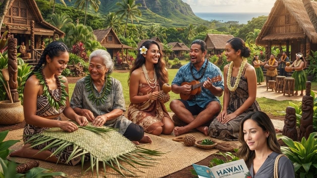Polynesian traditional outrigger canoe navigating a freshwater lagoon surrounded by lush tropical palms