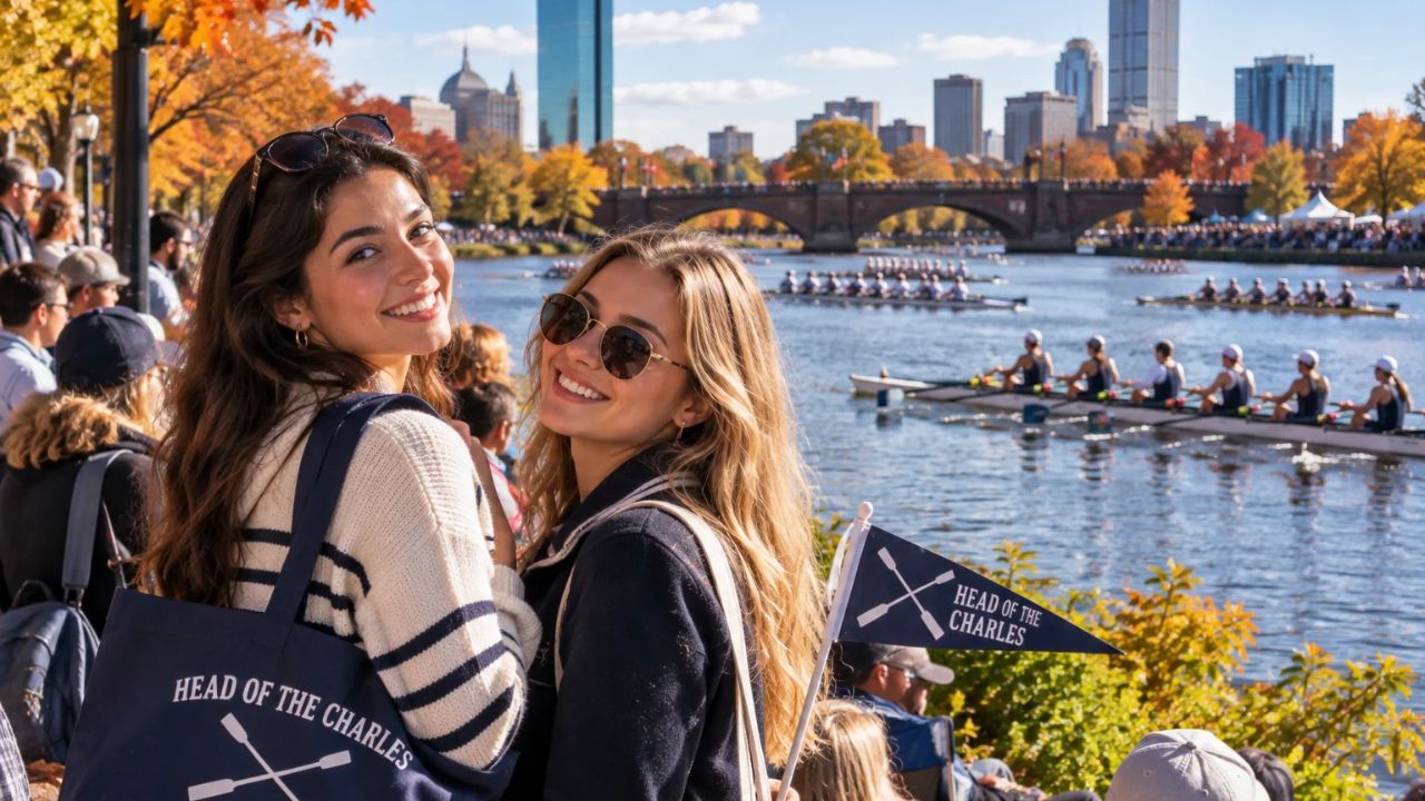 Rowing shells racing along the Charles River between Boston and Cambridge during autumn