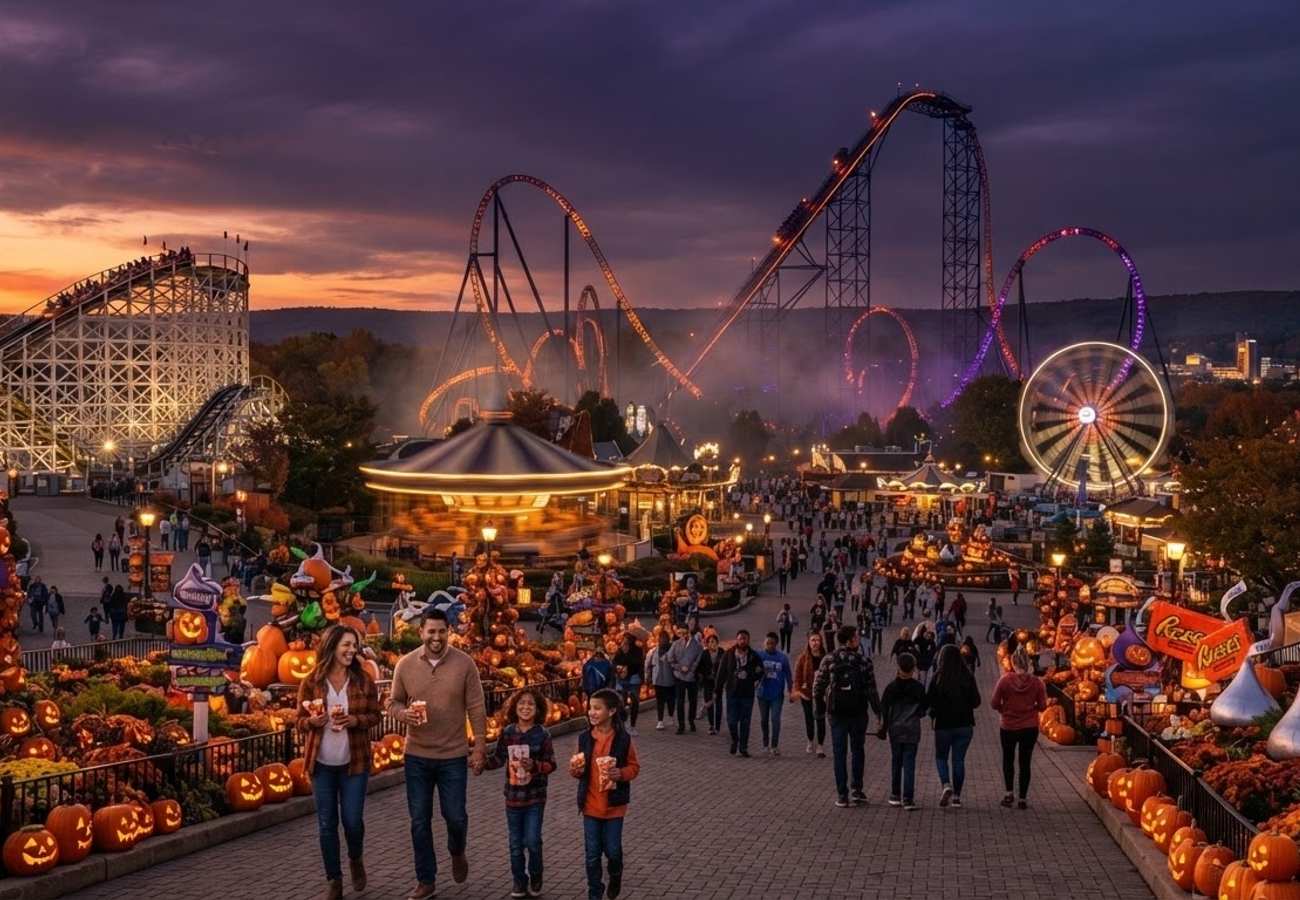 The entrance to Hersheypark decorated for the Halloween season