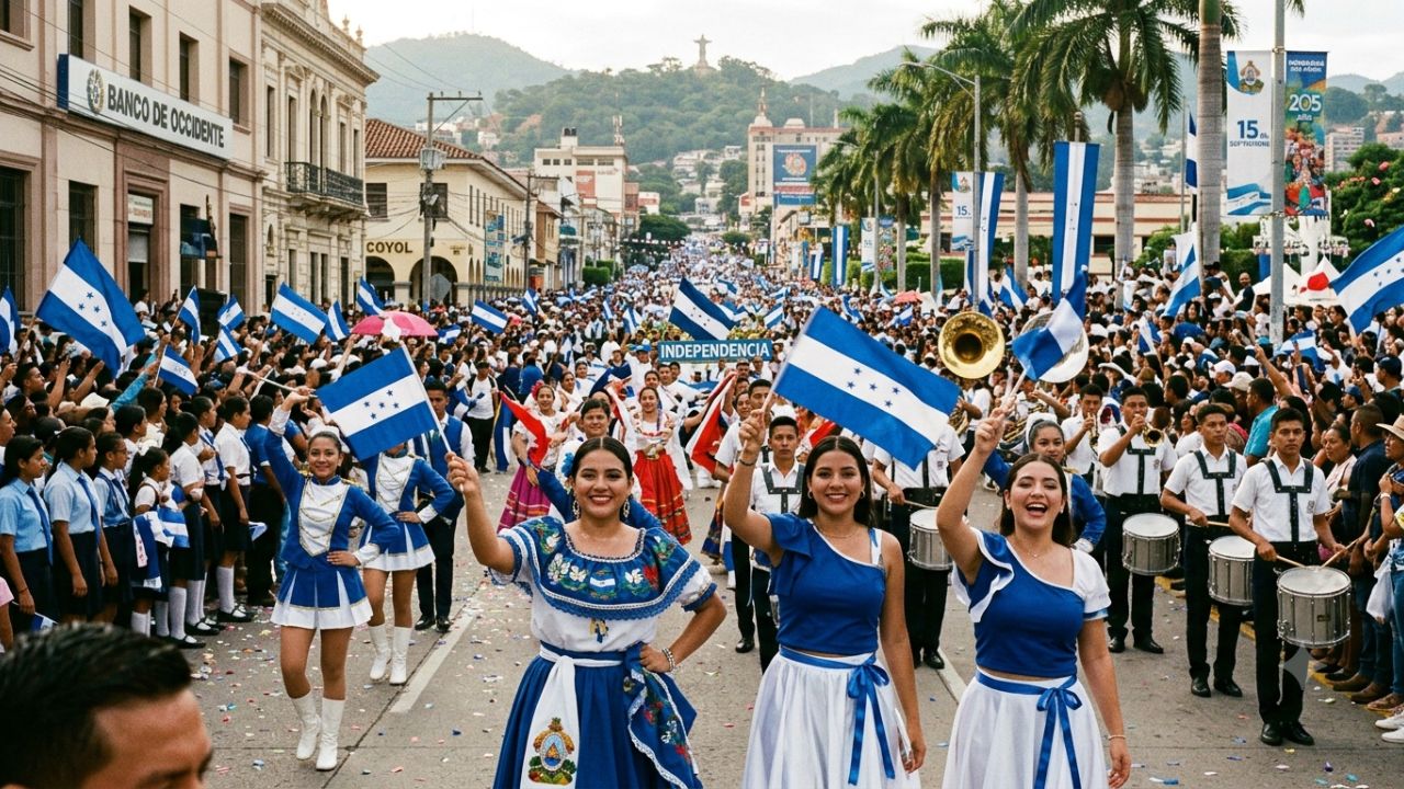 Honduran student marching band performing in national blue and white uniforms
