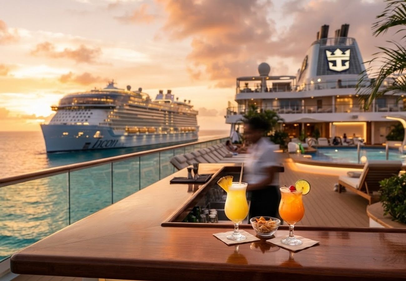 A close-up of a colorful tropical cocktail on a cruise ship deck