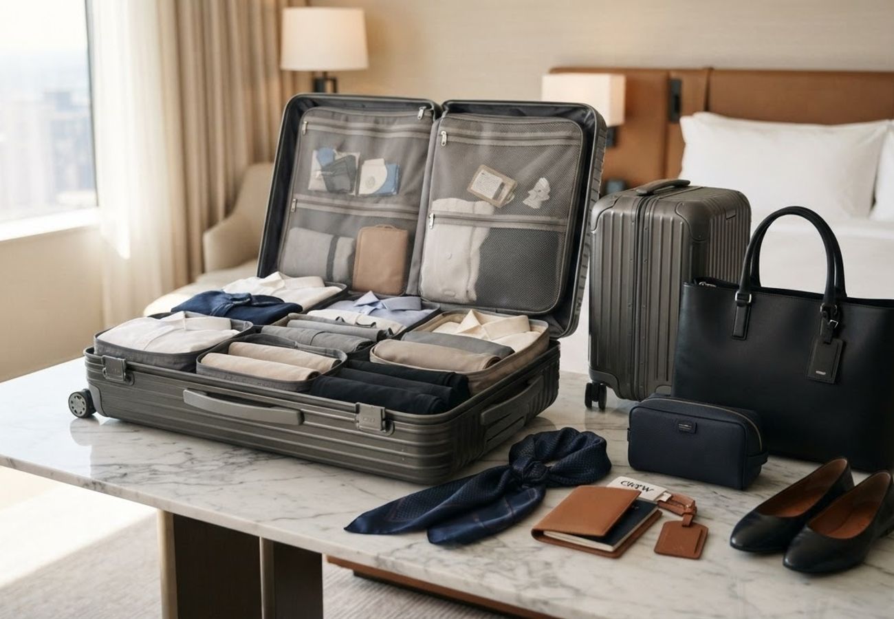 A professional suitcase organized with packing cubes and travel essentials