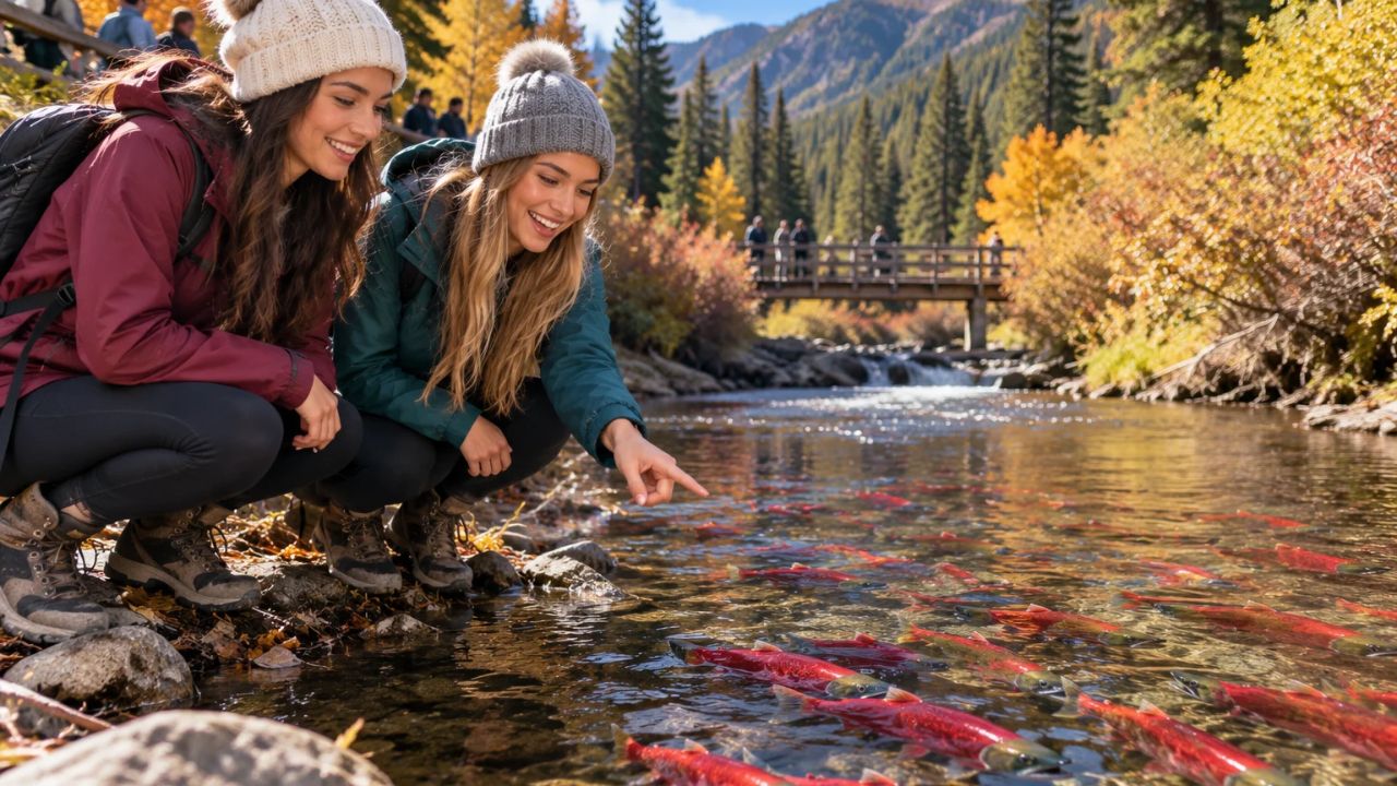 Spawning crimson kokanee salmon swimming upstream through clear gravel shallows in an Idaho mountain creek