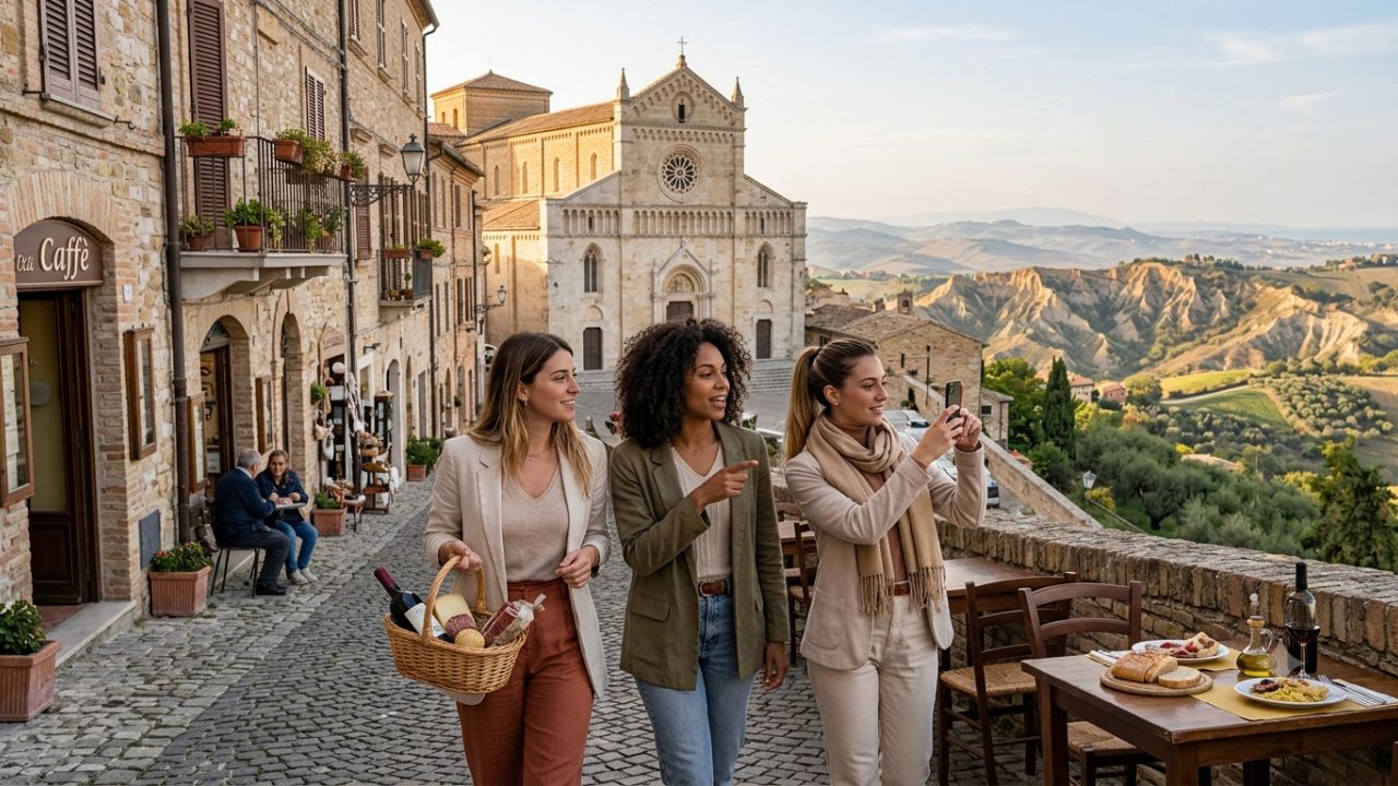 Panoramic view of hilltop town of Atri and Calanchi nature reserve badlands in Abruzzo Italy