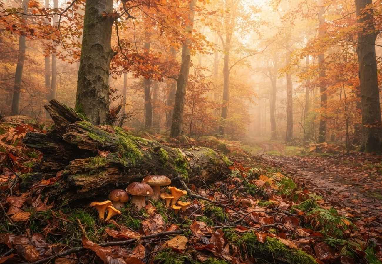 Autumn forest landscape in Europe highlighting mushroom foraging and nature tourism