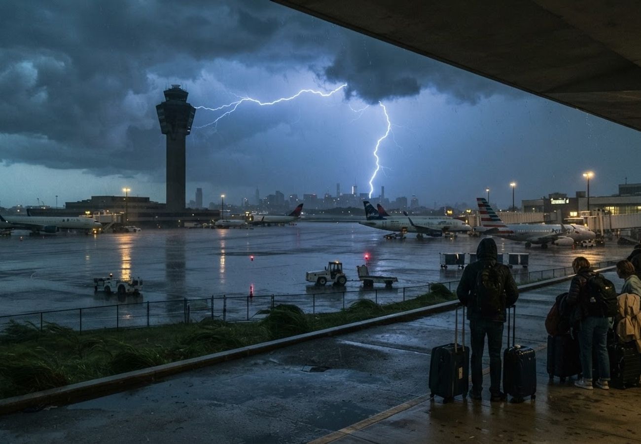 Aerial view of New York City airports during a storm