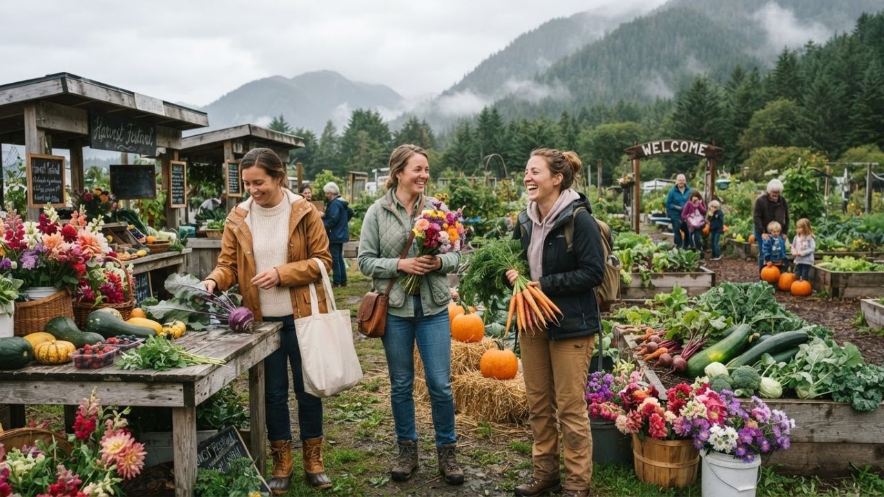 Vibrant community vegetable garden and flower beds surrounded by coastal mountains in Juneau Alaska