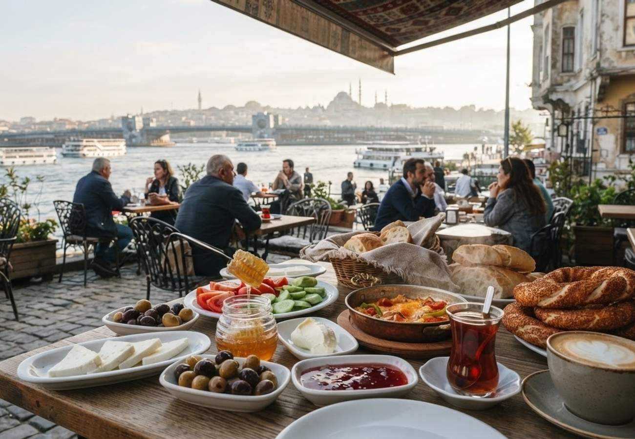 A traditional Turkish breakfast spread in Karaköy, Istanbul