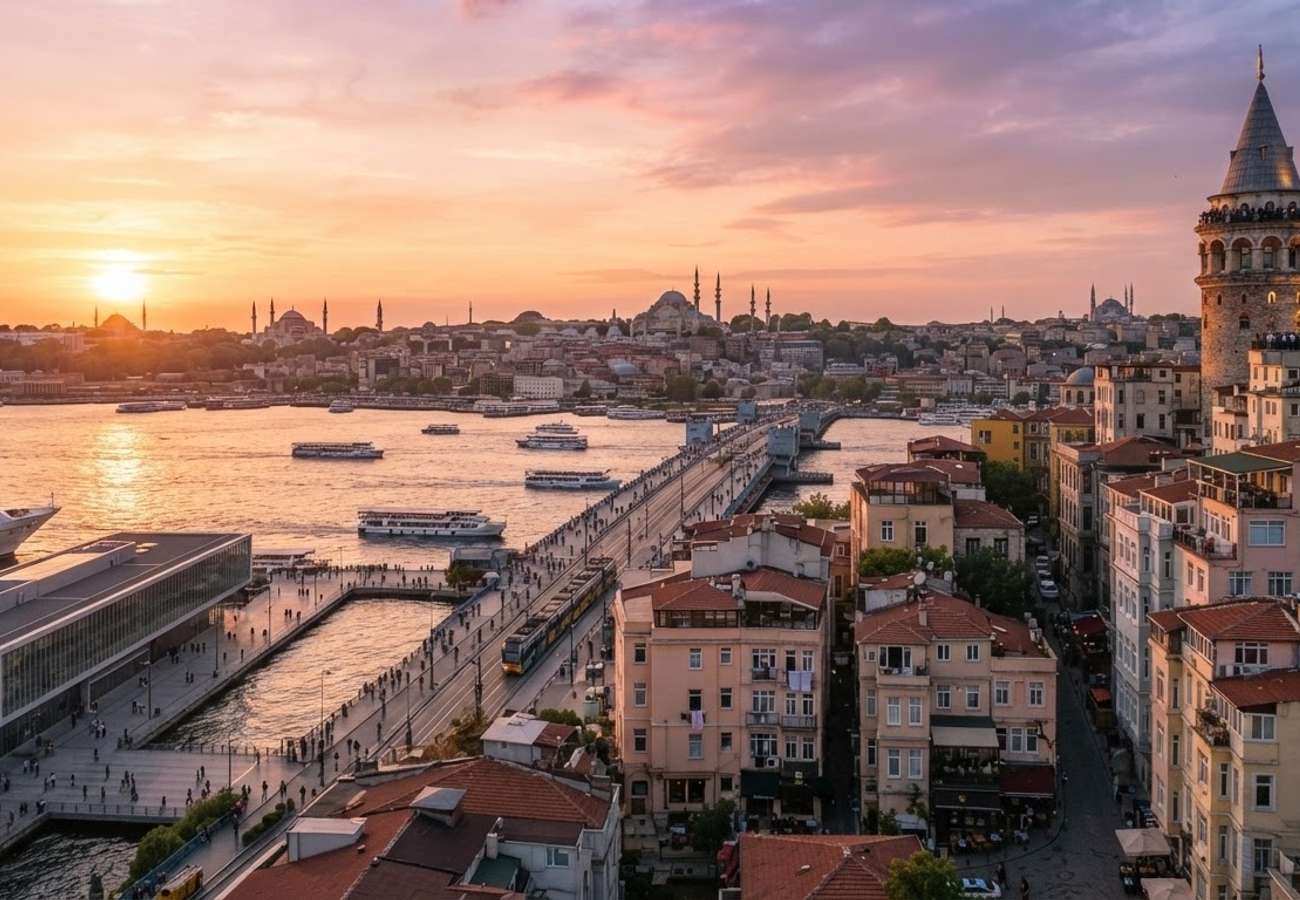 Panoramic view of Galata Tower and the Karaköy waterfront in Istanbul