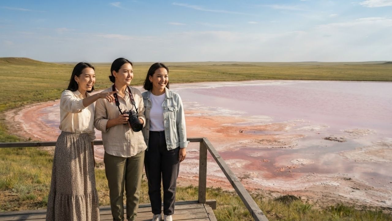 Vibrant pink hyper-saline waters of Lake Kobeituz framed by steppe landscapes in Kazakhstan