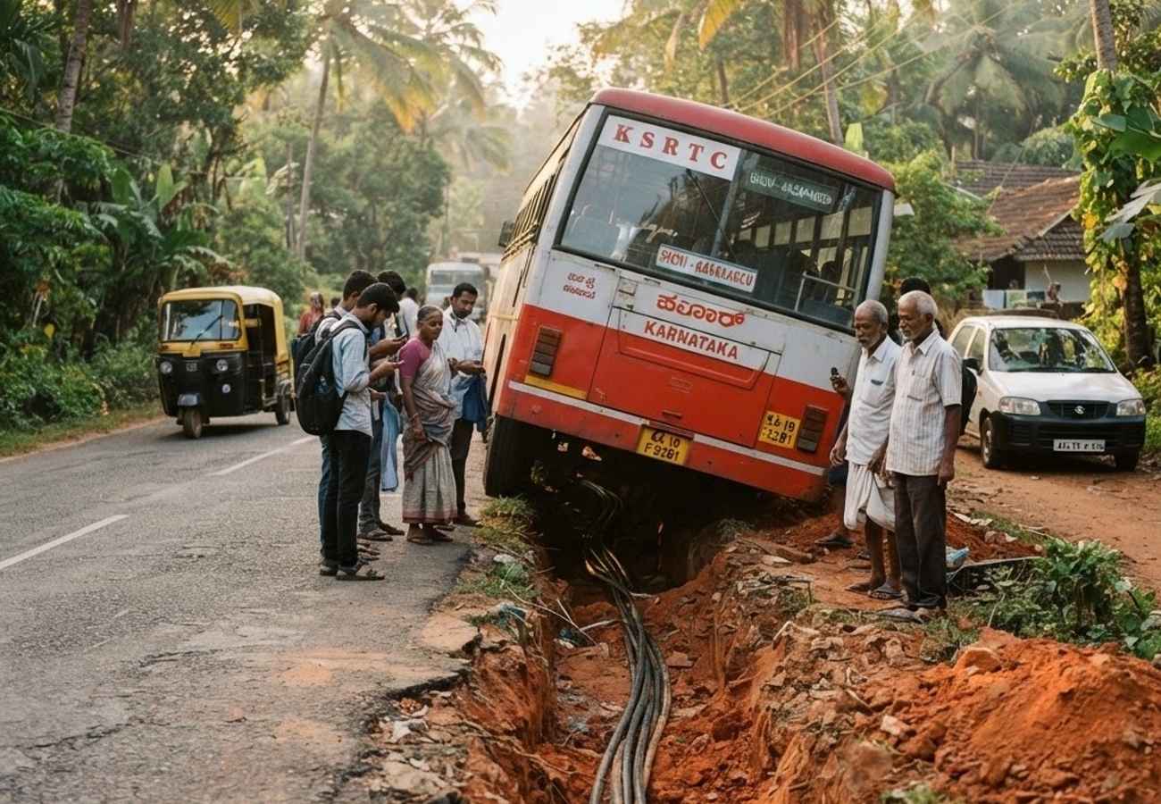 A government bus stuck in a roadside trench in rural Karnataka