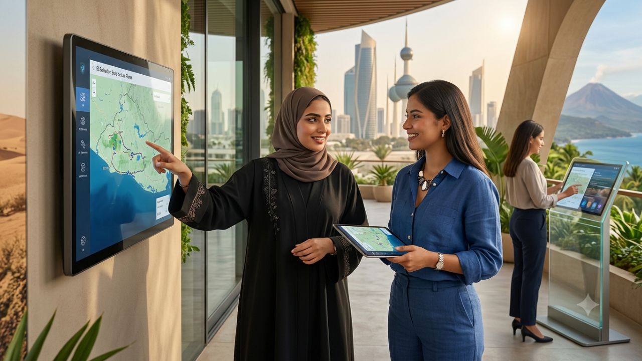 Digital tourism network concept featuring Kuwait skyline and El Salvador coast with AI technology icons