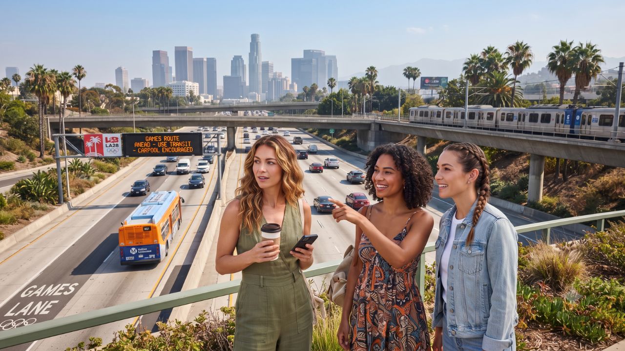 Interstate highway in Los Angeles with digital traffic gantries and palm trees