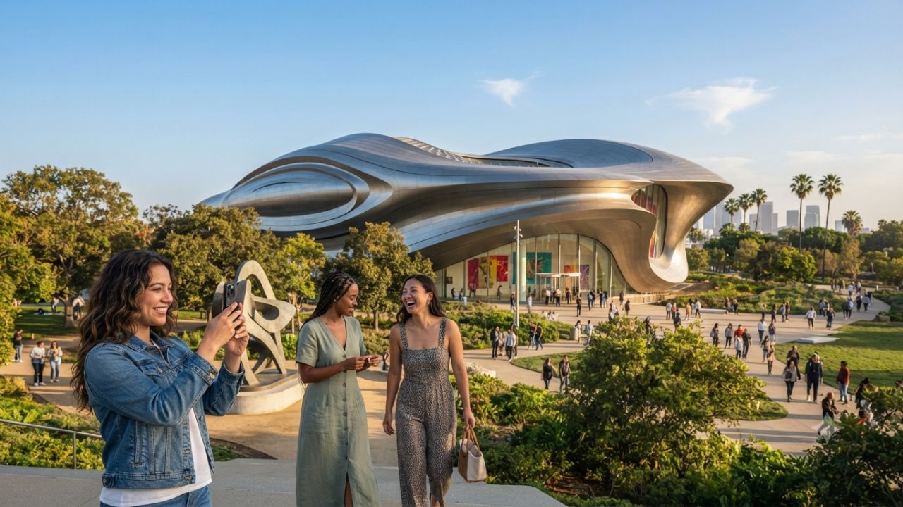 Futuristic architecture of the Lucas Museum of Narrative Art in Exposition Park Los Angeles