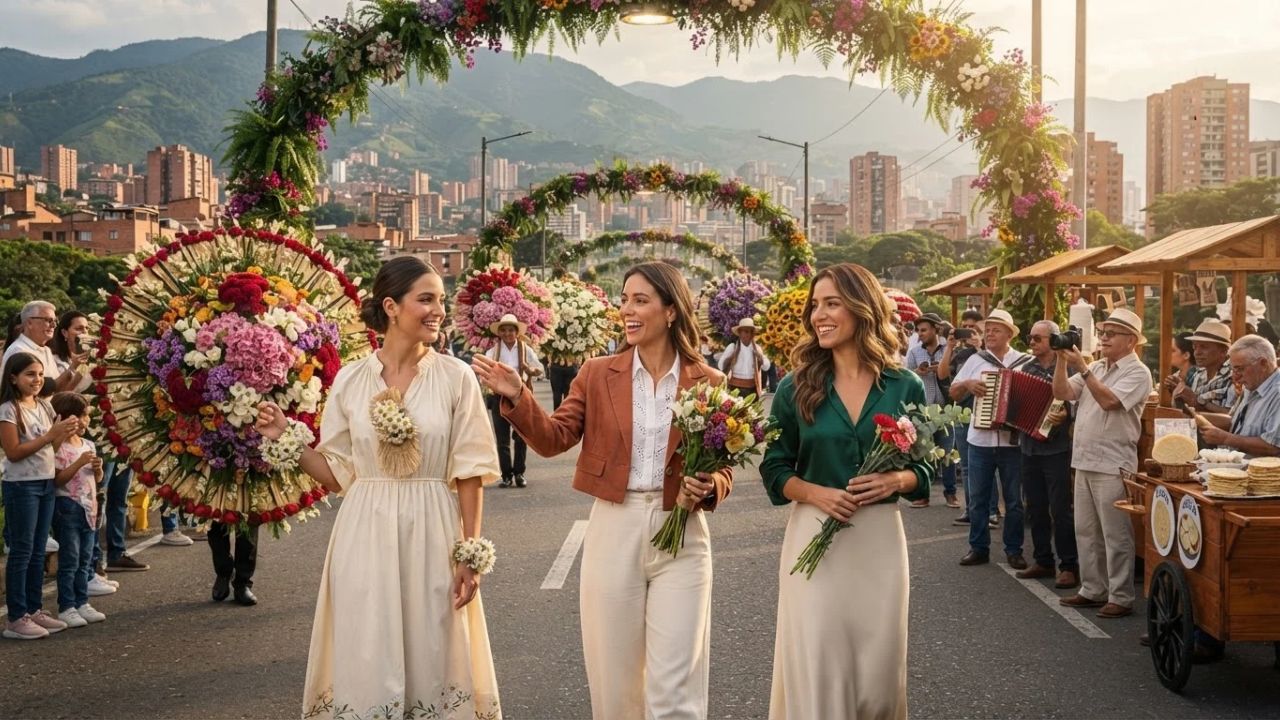 Traditional silletero in traditional Paisa attire carrying a massive ornate flower arrangement