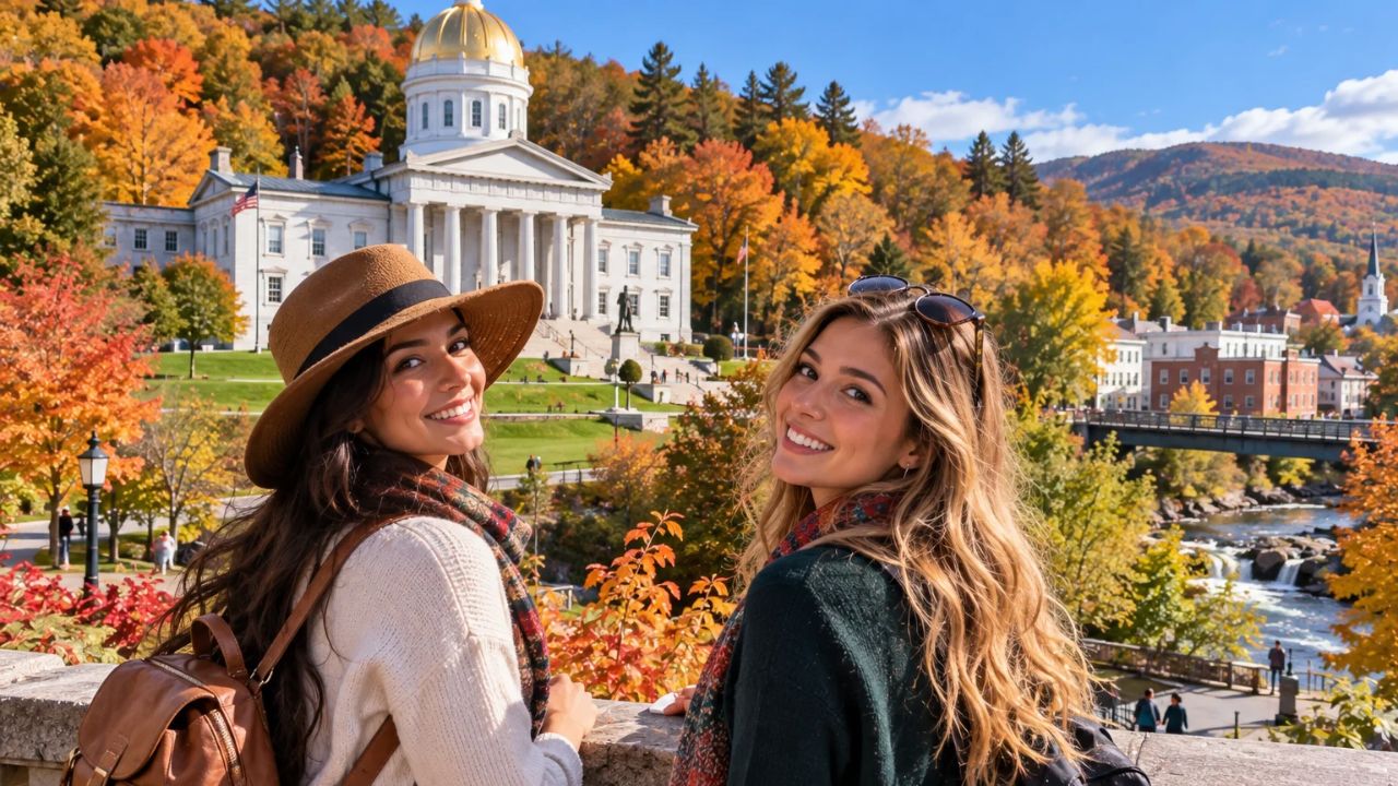 Gold dome of the Vermont State House framed by colorful autumn foliage in Montpelier