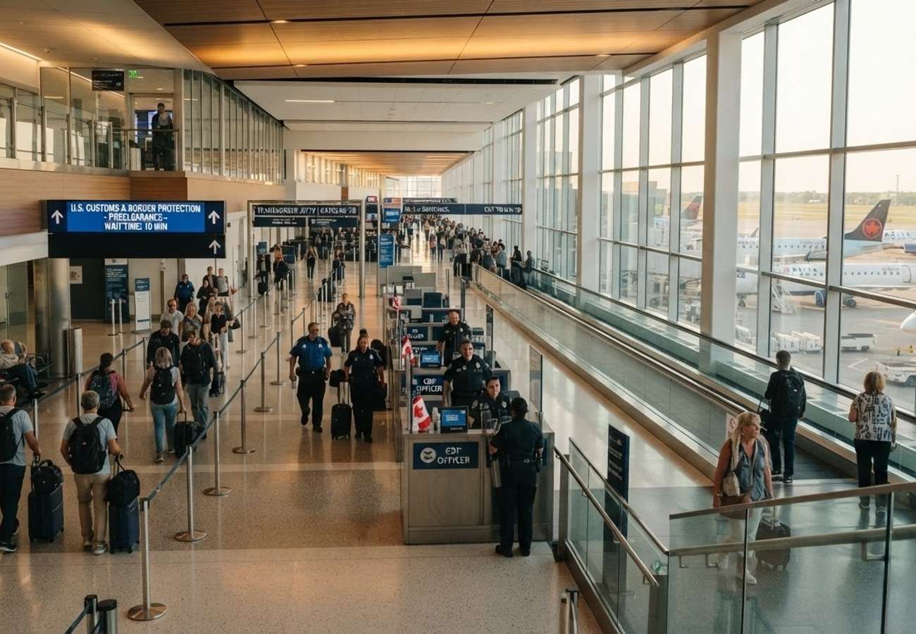 Montreal Trudeau Airport terminal with U.S. Preclearance signage