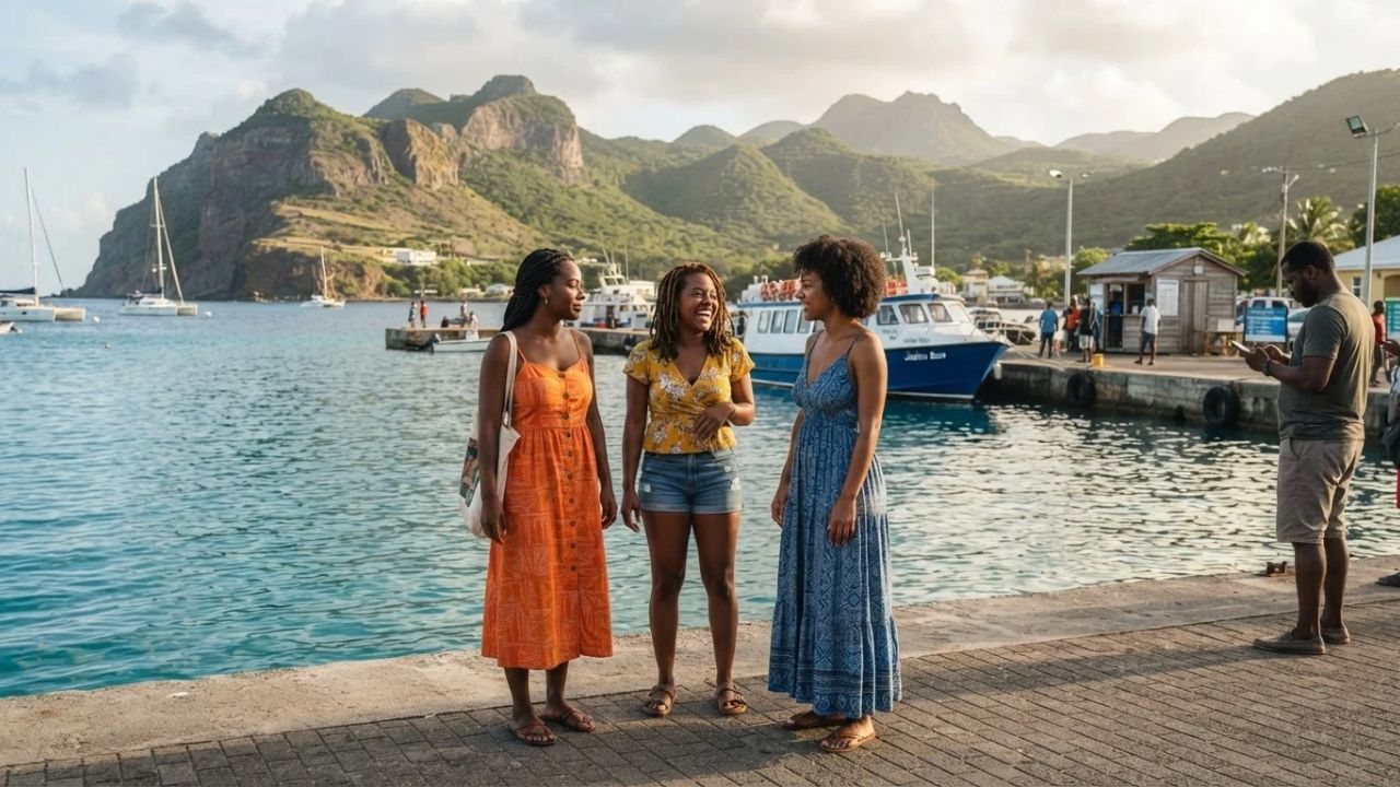 Dramatic green volcanic ridges of Montserrat descending toward quiet Caribbean coastal waters