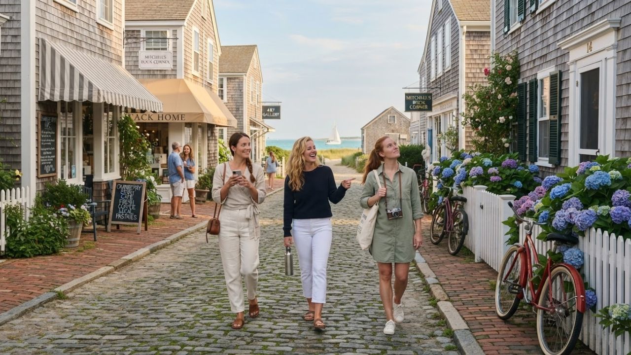 Historic cobblestone street lined with weathered grey shingle cottages and blooming climbing roses in Nantucket